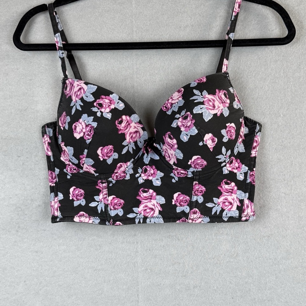 Morbid Threads Black and Pink‎ Floral Bra 36C Underwire Padded Goth Punk Rock